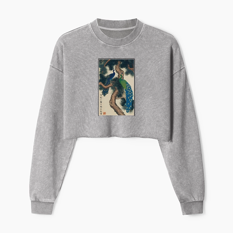 Tokyo-Tiger Peacocks in Snowy Pines Washed Crop Sweatshirt