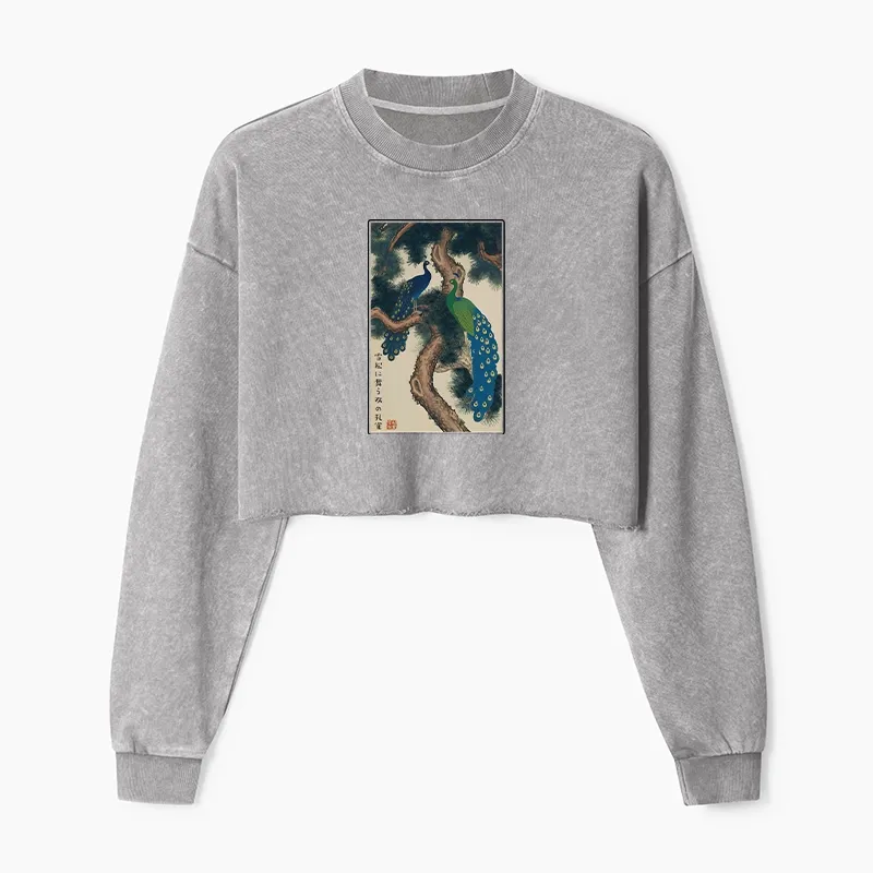Tokyo-Tiger Peacocks in Snowy Pines Washed Crop Sweatshirt