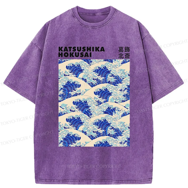 Tokyo-Tiger Ukiyo-e Wave Poster Washed T-Shirt