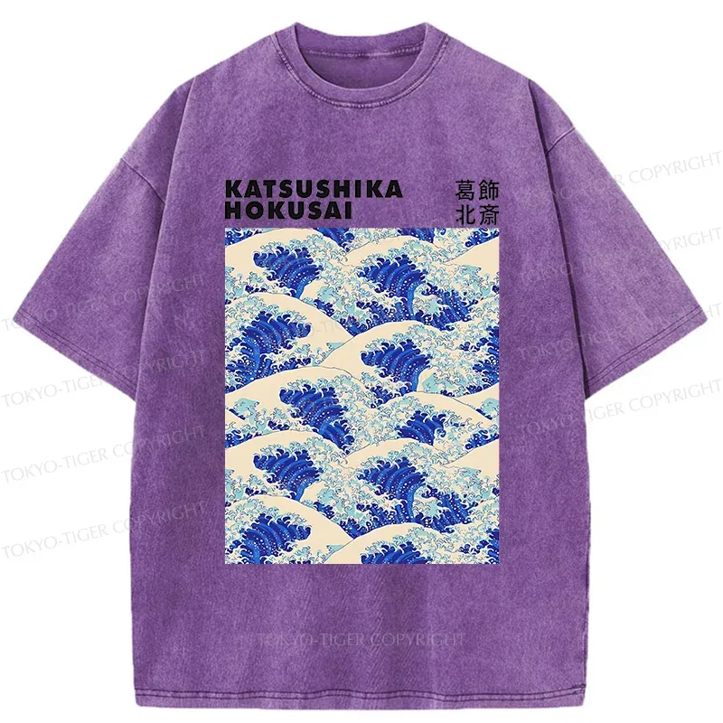 Tokyo-Tiger Ukiyo-e Wave Poster Washed T-Shirt