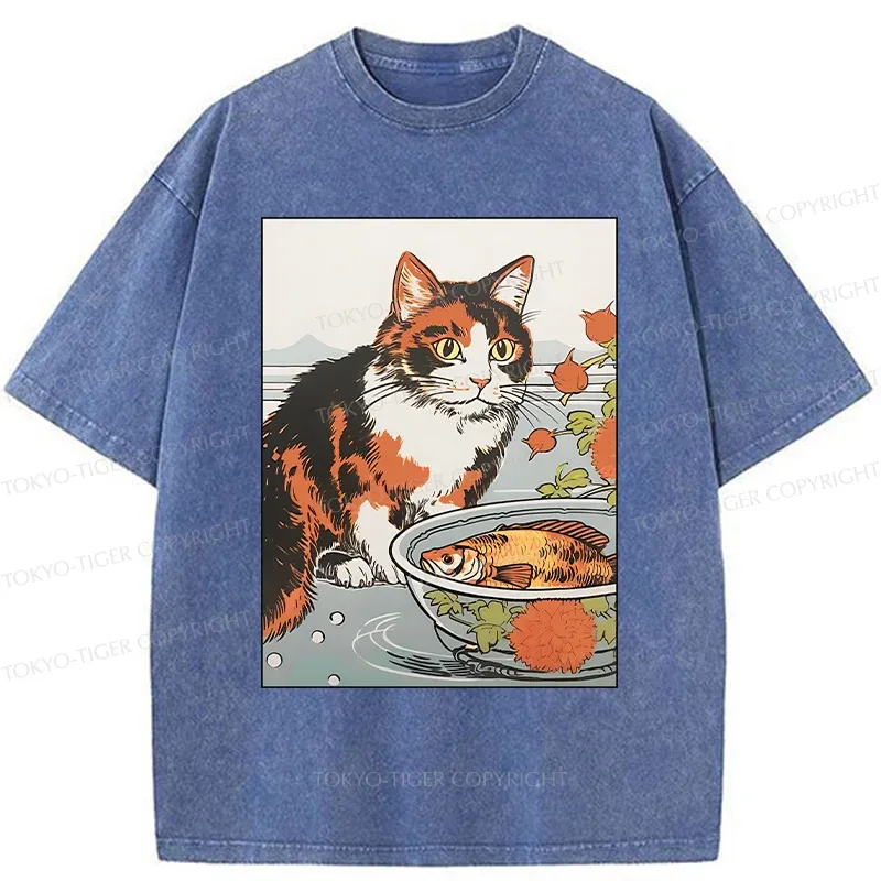 Tokyo-Tiger Cat Watching Koi Washed T-Shirt