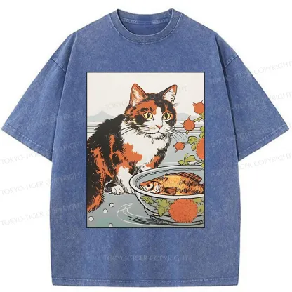 Tokyo-Tiger Cat Watching Koi Washed T-Shirt