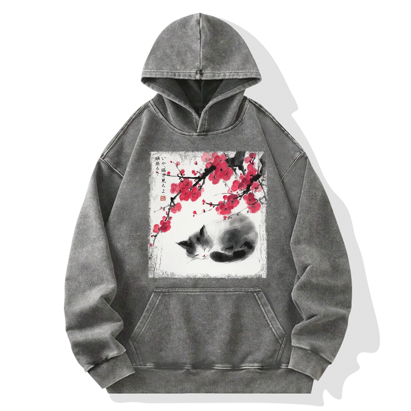 Tokyo-Tiger Ink Wash Painting: A Cat Lying Flat Under The Tree Washed Hoodie