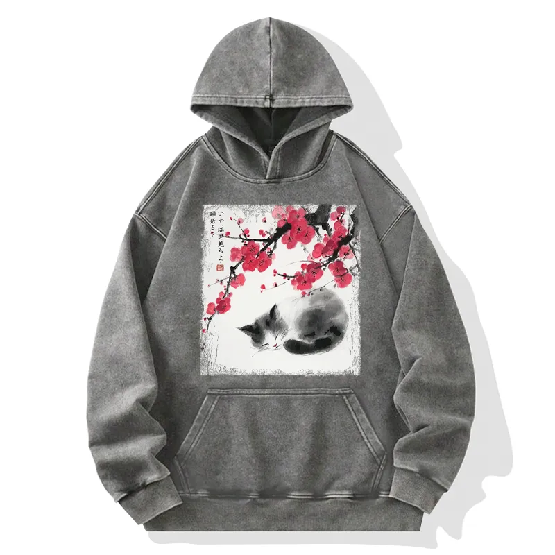 Tokyo-Tiger Ink Wash Painting: A Cat Lying Flat Under The Tree Washed Hoodie