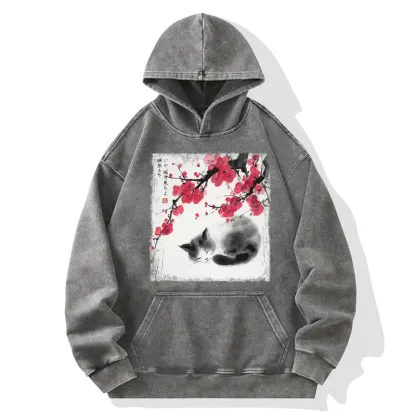Tokyo-Tiger Ink Wash Painting: A Cat Lying Flat Under The Tree Washed Hoodie
