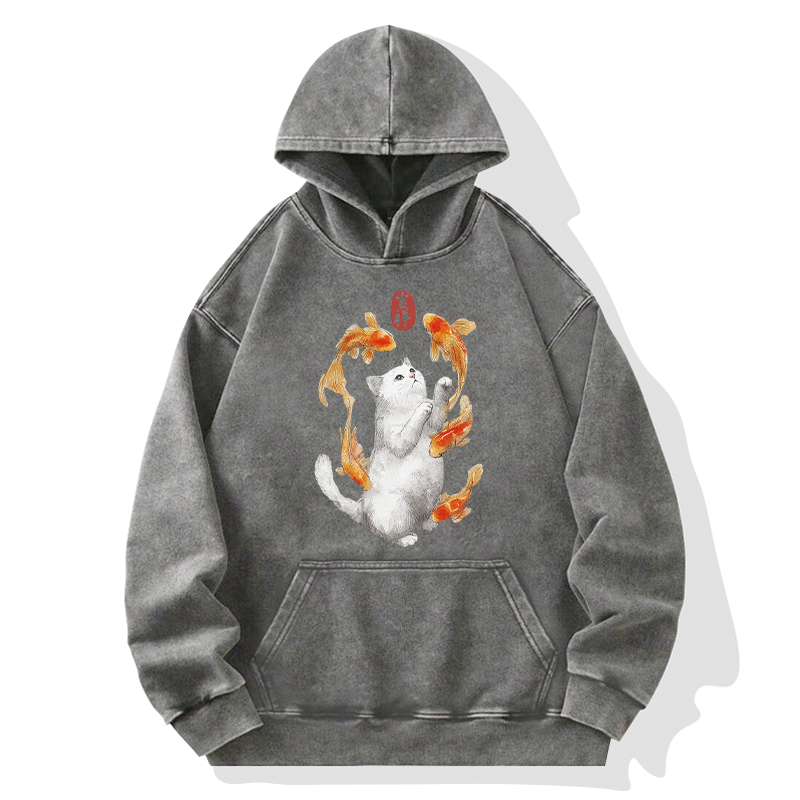 Tokyo-Tiger Zen Cat And The Dancing Fish Washed Hoodie