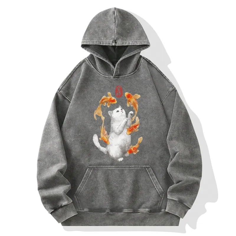 Tokyo-Tiger Zen Cat And The Dancing Fish Washed Hoodie