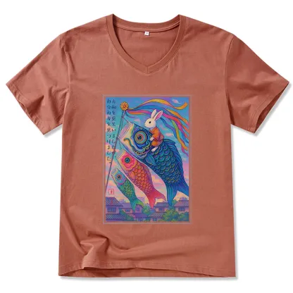 Tokyo-Tiger Ukiyoe Rabbit Ride Carp Streamer Poster V-Neck Classic T-Shirt