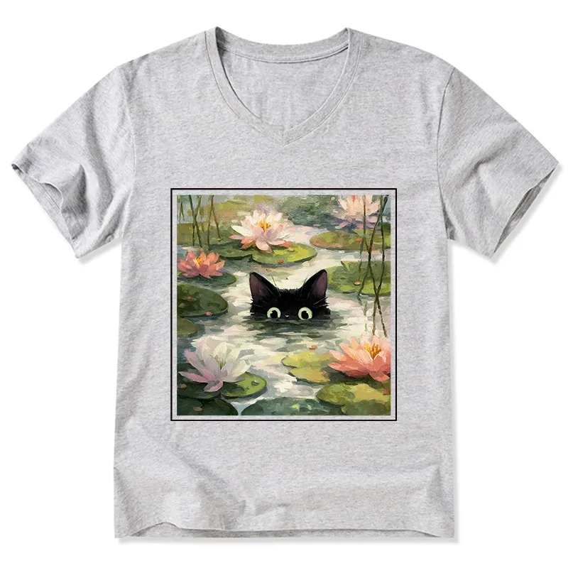 Tokyo-Tiger Black Cat and Lotus Flower V-Neck Classic T-Shirt