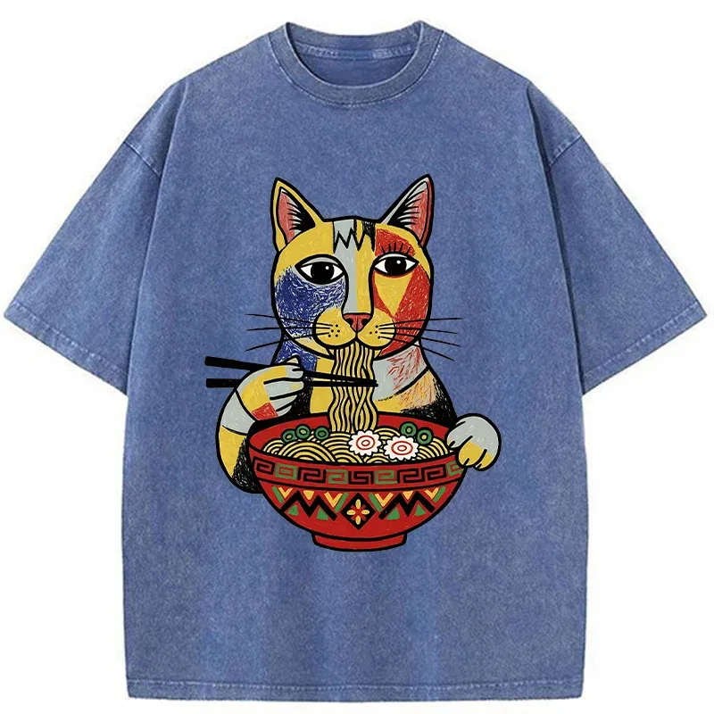Tokyo-Tiger Abstract Cat Eating Ramen Washed T-Shirt