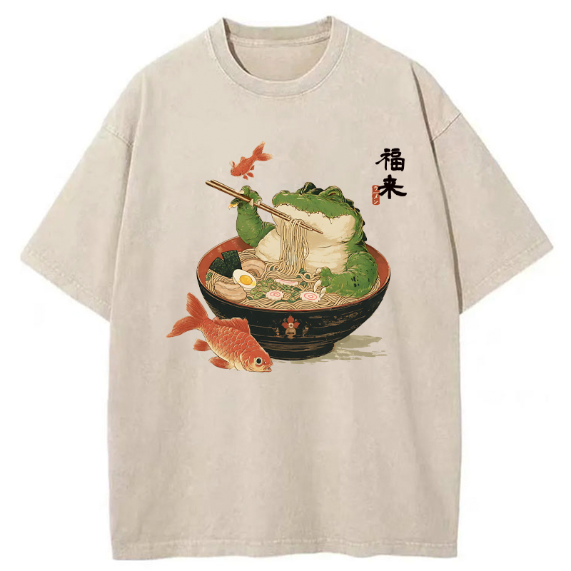 Tokyo-Tiger Fat Crocodile Eating Ramen Washed T-Shirt