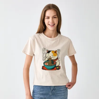 Tokyo-Tiger Cute Eat Eating Japanese Ramen Women's Washed T-shirt