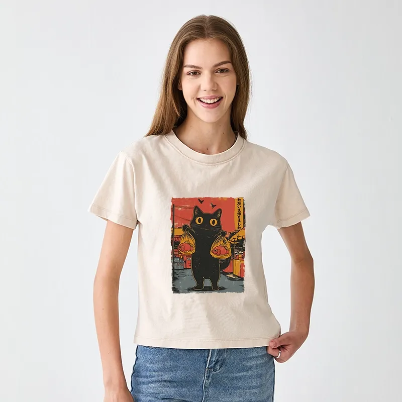 Tokyo-Tiger Cat Fishing Japanese Women's Washed T-shirt
