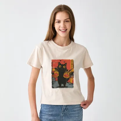 Tokyo-Tiger Cat Fishing Japanese Women's Washed T-shirt