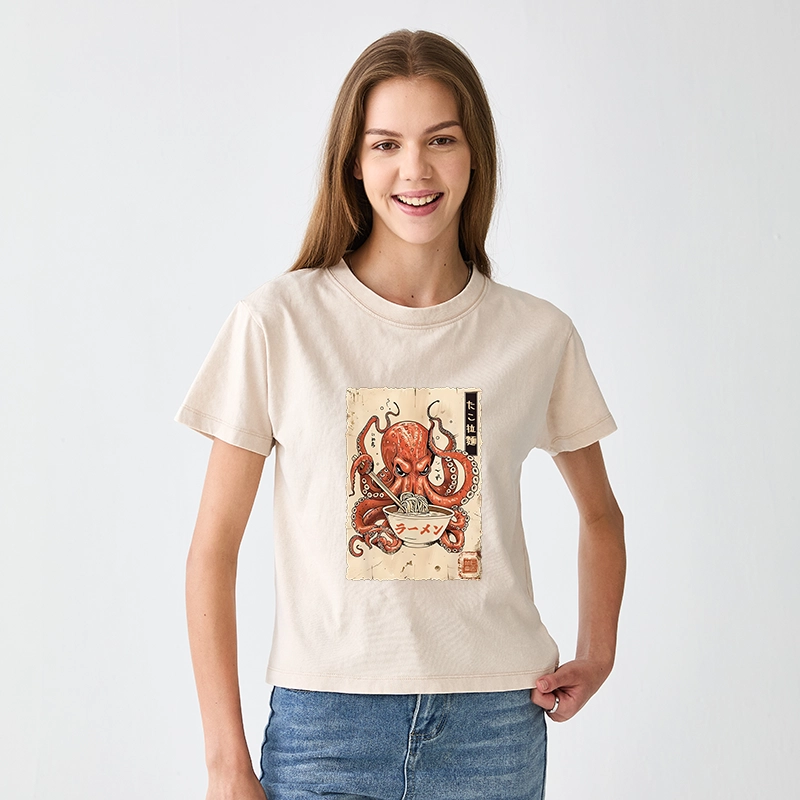 Tokyo-Tiger Retro Octopus Eating Ramen Women's Washed T-shirt