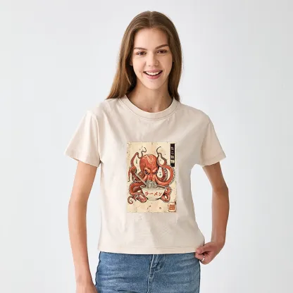 Tokyo-Tiger Retro Octopus Eating Ramen Women's Washed T-shirt