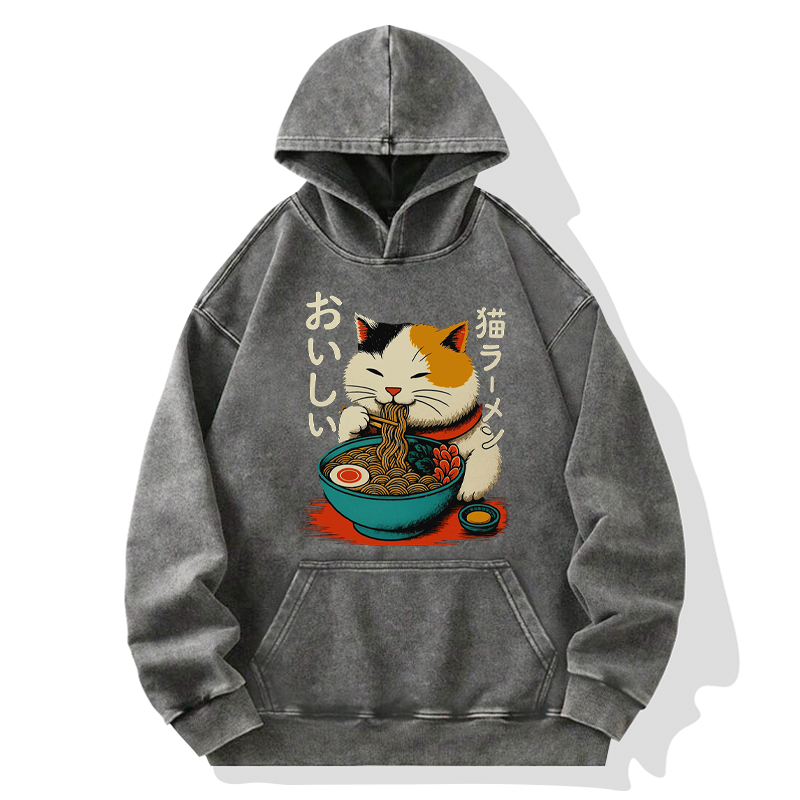 Tokyo-Tiger Cute Eat Eating Japanese Ramen Washed Hoodie
