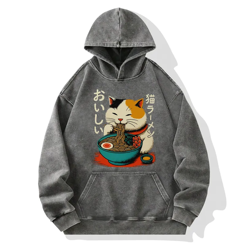 Tokyo-Tiger Cute Eat Eating Japanese Ramen Washed Hoodie