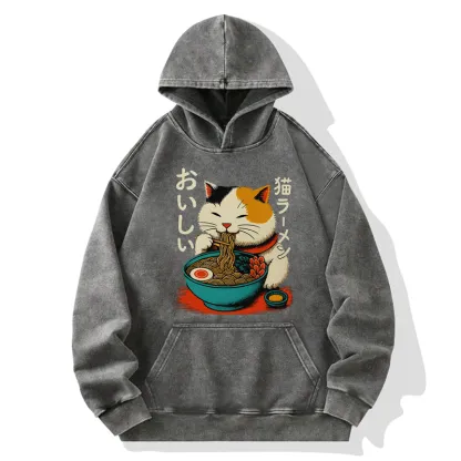 Tokyo-Tiger Cute Eat Eating Japanese Ramen Washed Hoodie