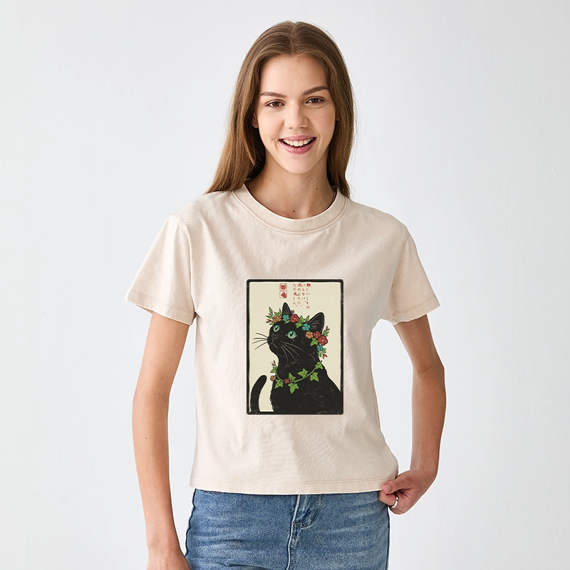 Tokyo-Tiger The Flower-Crowned Cat Women's Washed T-shirt