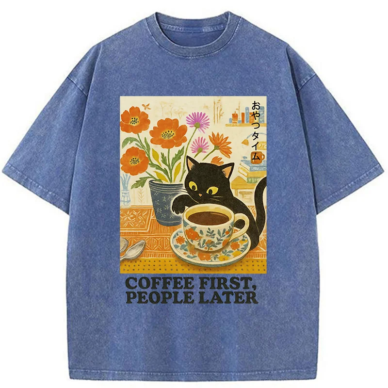 Tokyo-Tiger Kitten Drinks Coffee First Washed T-Shirt