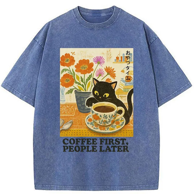 Tokyo-Tiger Kitten Drinks Coffee First Washed T-Shirt