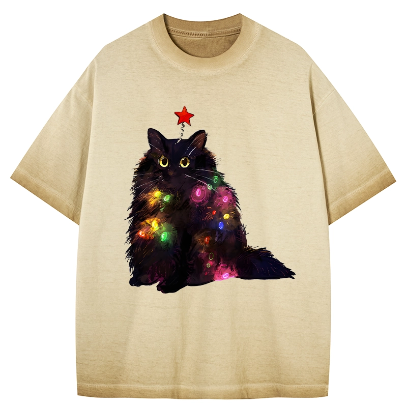 Tokyo-Tiger Christmas Lights Cat Gradient Washed T-Shirt