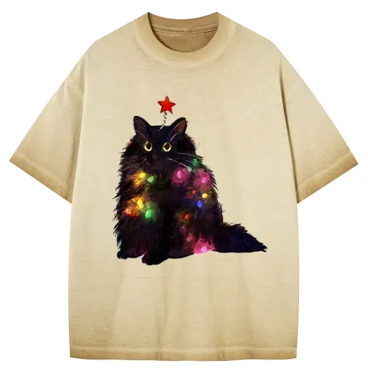 Tokyo-Tiger Christmas Lights Cat Gradient Washed T-Shirt