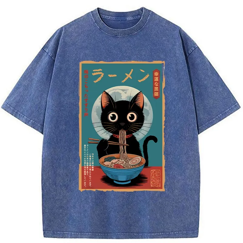 Tokyo-Tiger Ramen Fanatic Cat Washed T-Shirt