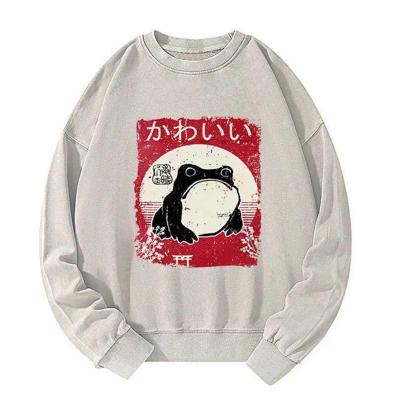 Tokyo-Tiger Woodblock Print Grumpy Frog Washed Sweatshirt