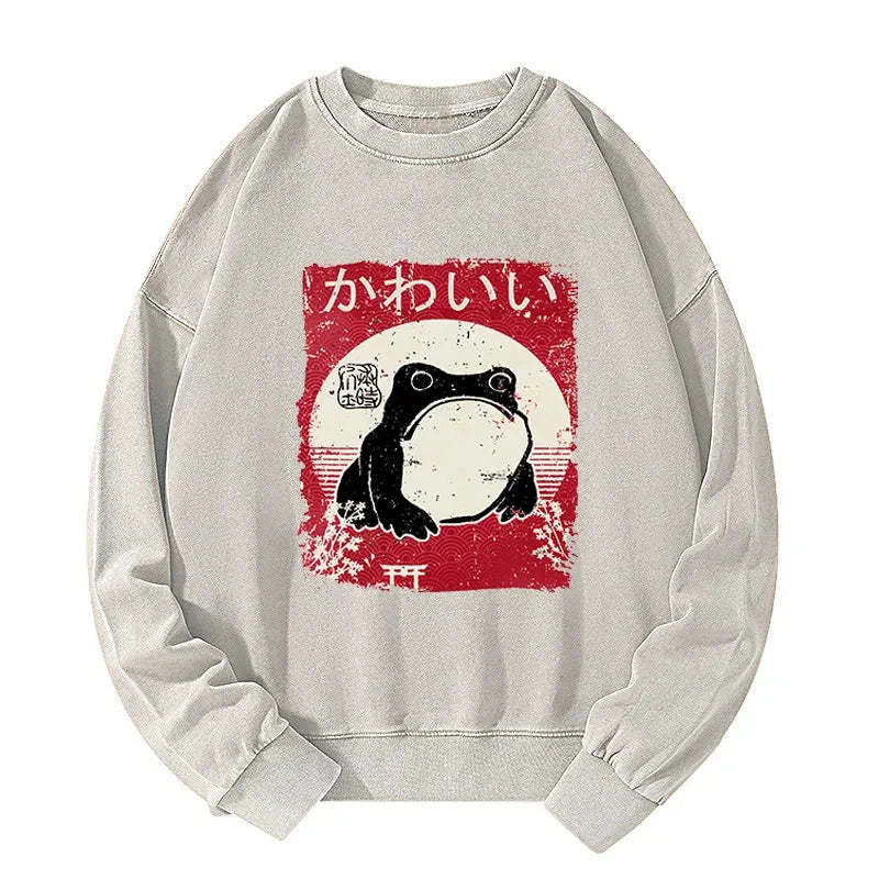 Tokyo-Tiger Woodblock Print Grumpy Frog Washed Sweatshirt