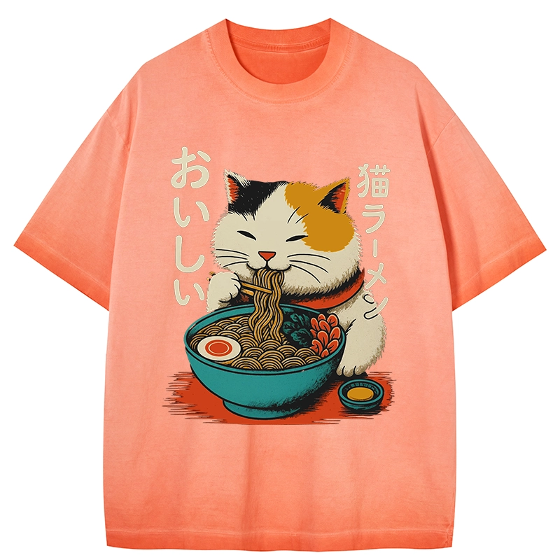 Tokyo-Tiger Cute Eat Eating Japanese Ramen Gradient Washed T-Shirt