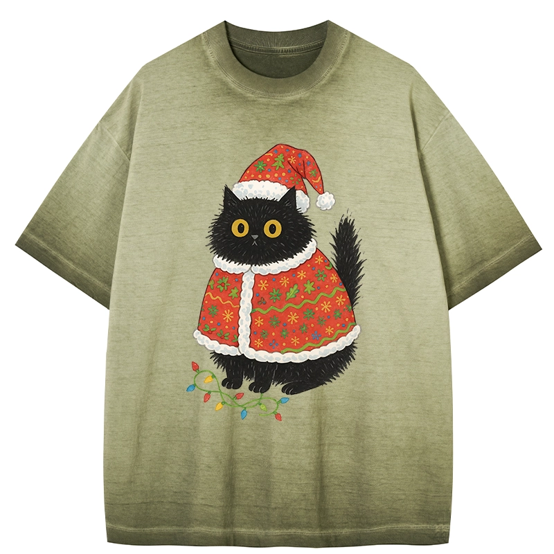 Tokyo-Tiger Cat Wearing Santa Hat Gradient Washed T-Shirt