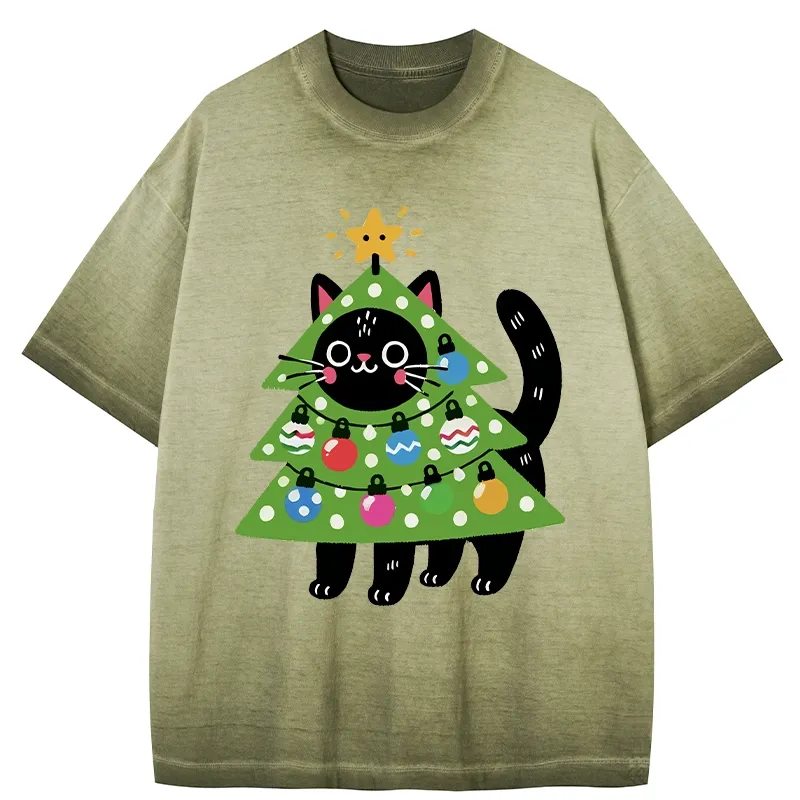 Tokyo-Tiger Christmas Tree Cat Gradient Washed T-Shirt