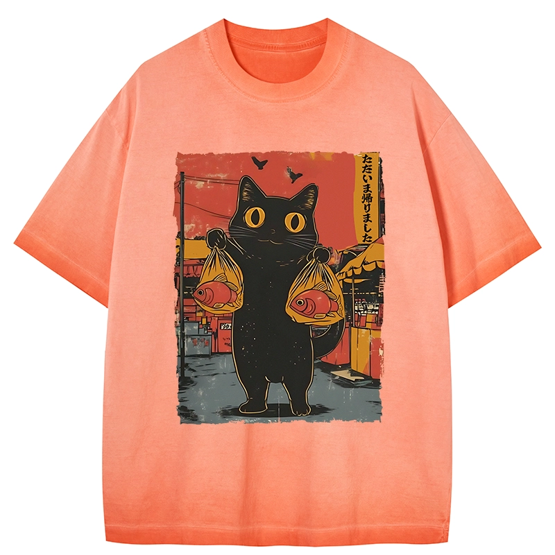 Tokyo-Tiger Cat Fishing Japanese Gradient Washed T-Shirt