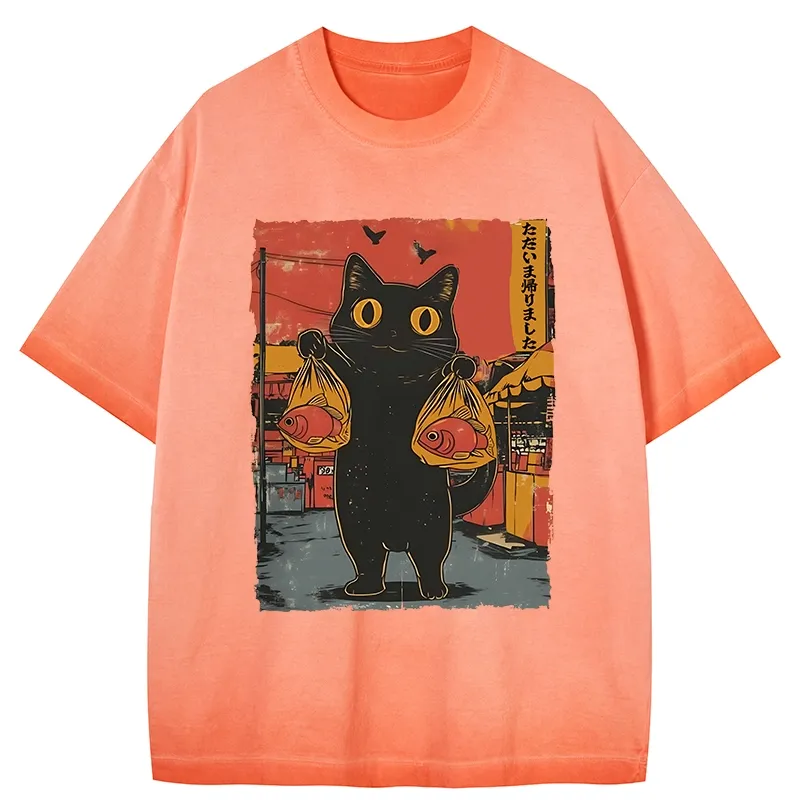 Tokyo-Tiger Cat Fishing Japanese Gradient Washed T-Shirt
