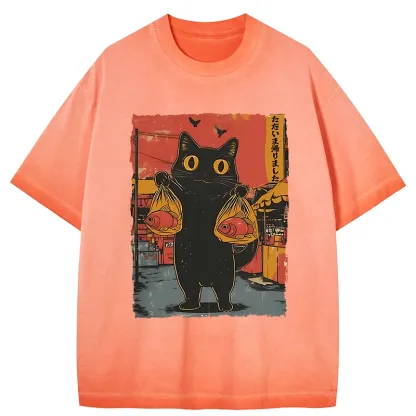 Tokyo-Tiger Cat Fishing Japanese Gradient Washed T-Shirt