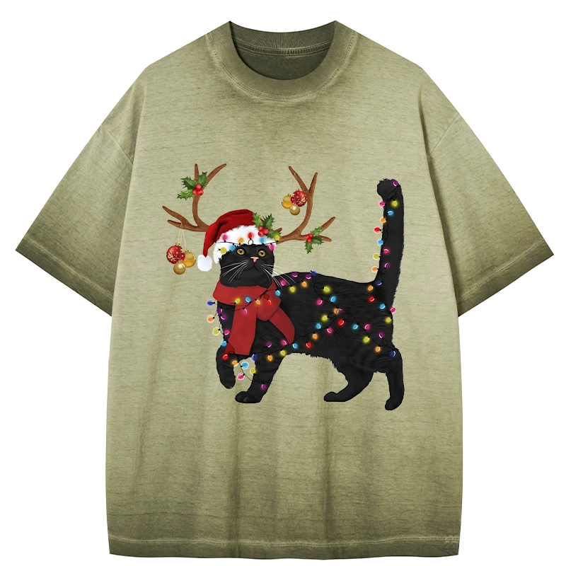 Tokyo-Tiger Christmas Black Cat Gradient Washed T-Shirt