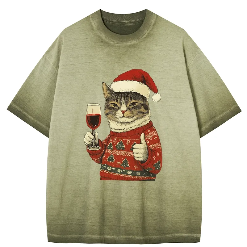 Tokyo-Tiger Christmas Cat Likes Gradient Washed T-Shirt