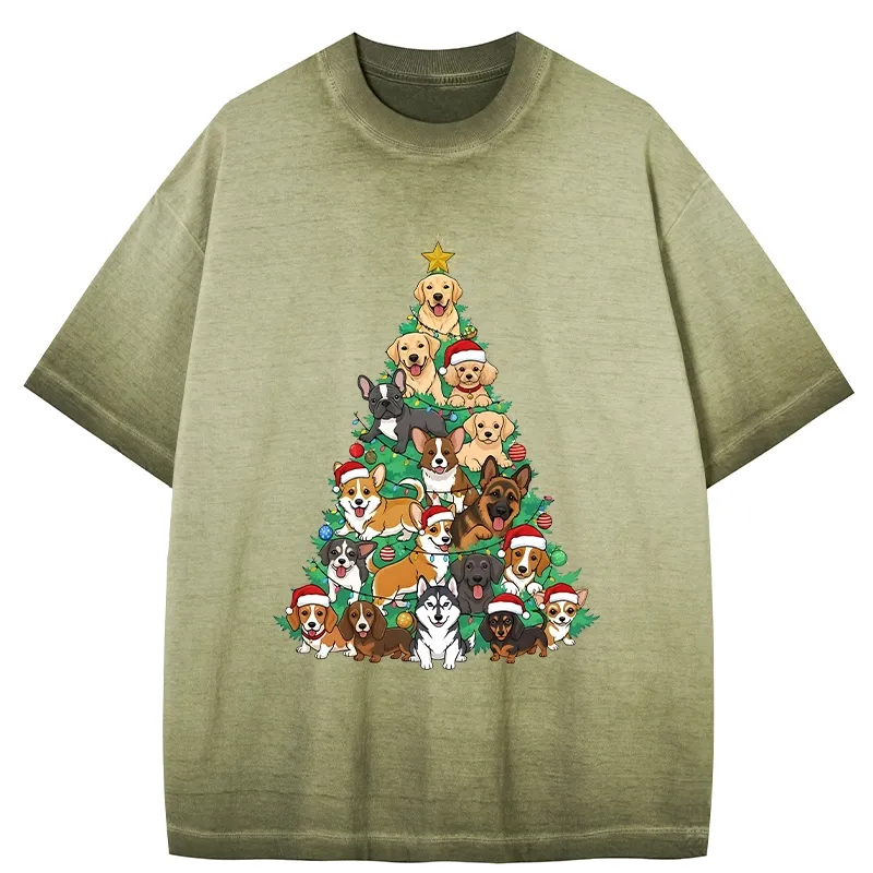 Tokyo-Tiger Christmas Tree Dog Funny Gradient Washed T-Shirt