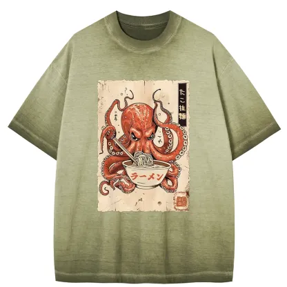Tokyo-Tiger Retro Octopus Eating Ramen Gradient Washed T-Shirt