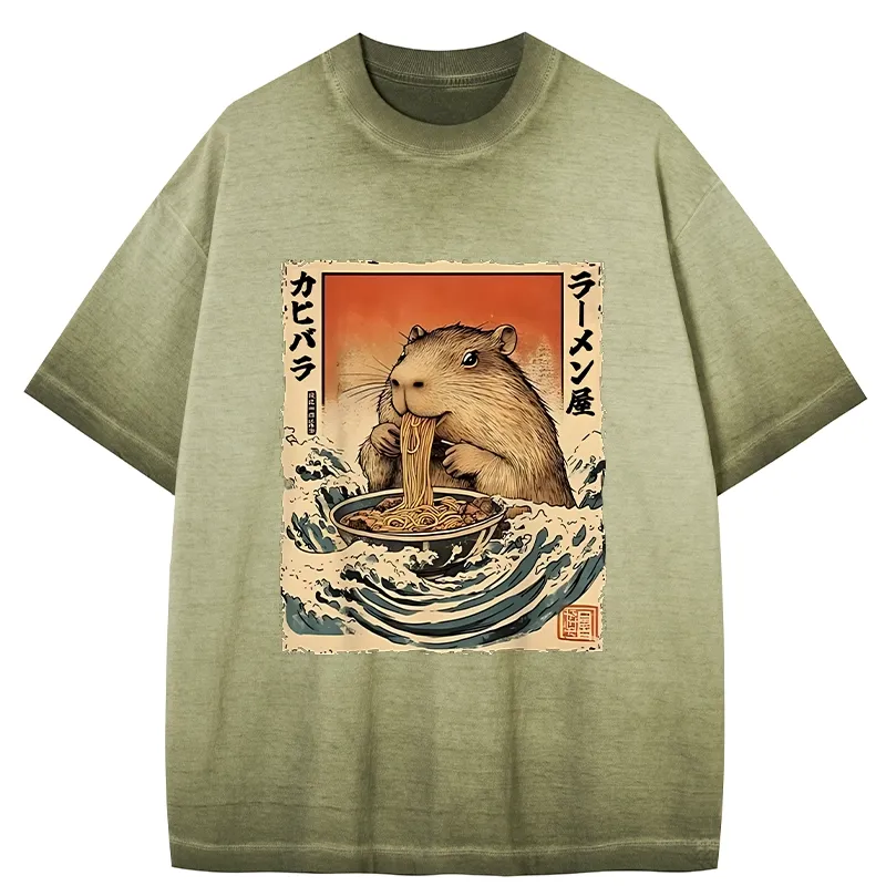 Tokyo-Tiger Hamster Eating Ramen Gradient Washed T-Shirt