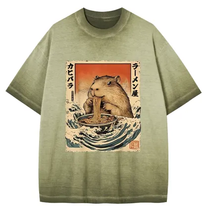Tokyo-Tiger Hamster Eating Ramen Gradient Washed T-Shirt