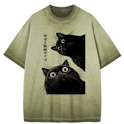 Tokyo-Tiger The Cat Is Watching Today Gradient Washed T-Shirt