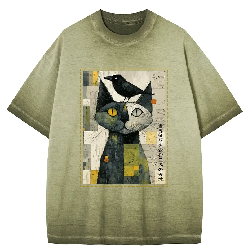 Tokyo-Tiger The Cat And The Crow Are Planning To Rule The World Gradient Washed T-Shirt