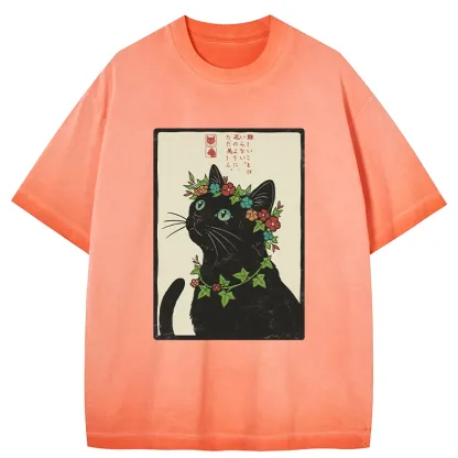 Tokyo-Tiger The Flower-Crowned Cat Gradient Washed T-Shirt
