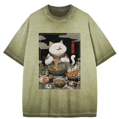 Tokyo-Tiger The Ramen-Loving Cat Gradient Washed T-Shirt