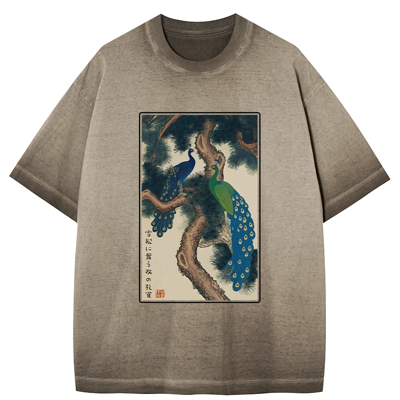 Tokyo-Tiger Peacocks in Snowy Pines Gradient Washed T-Shirt