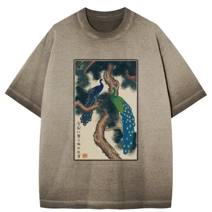 Tokyo-Tiger Peacocks in Snowy Pines Gradient Washed T-Shirt
