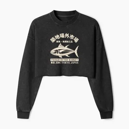 Tokyo-Tiger Japan Tsukiji Fish Market Washed Crop Sweatshirt